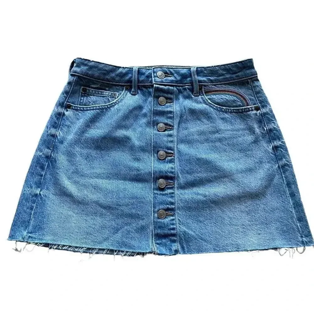 NWOT American Eagle Rainbow Button Down Blue A-Line Women’s Skirt SZ 6 #1314